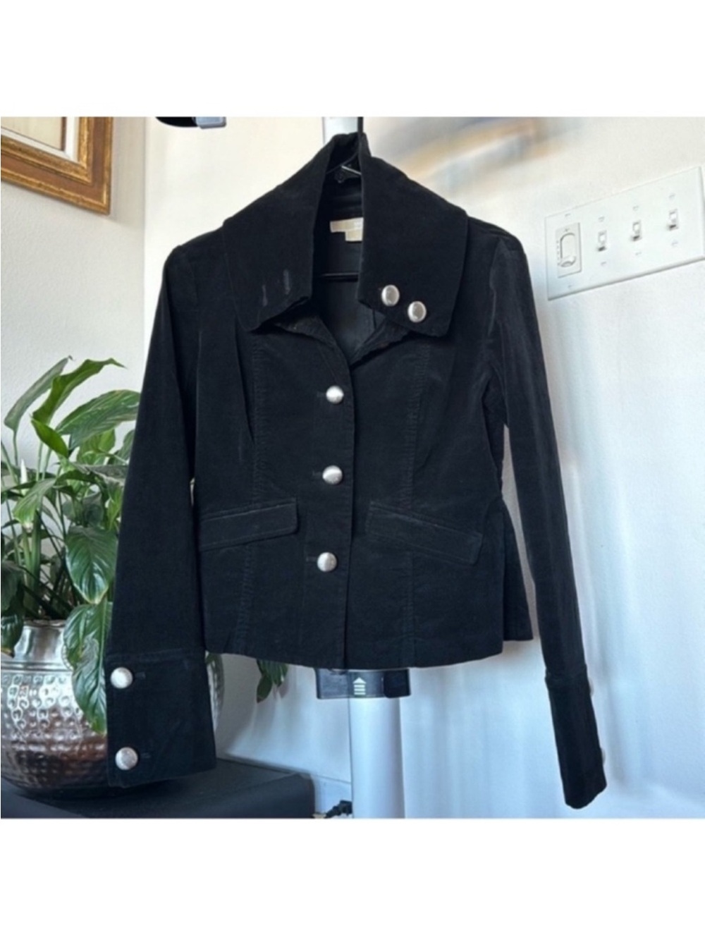 Michael Kors Velvet Military Army Blazer Jacket Sz S Black Silver Button Front